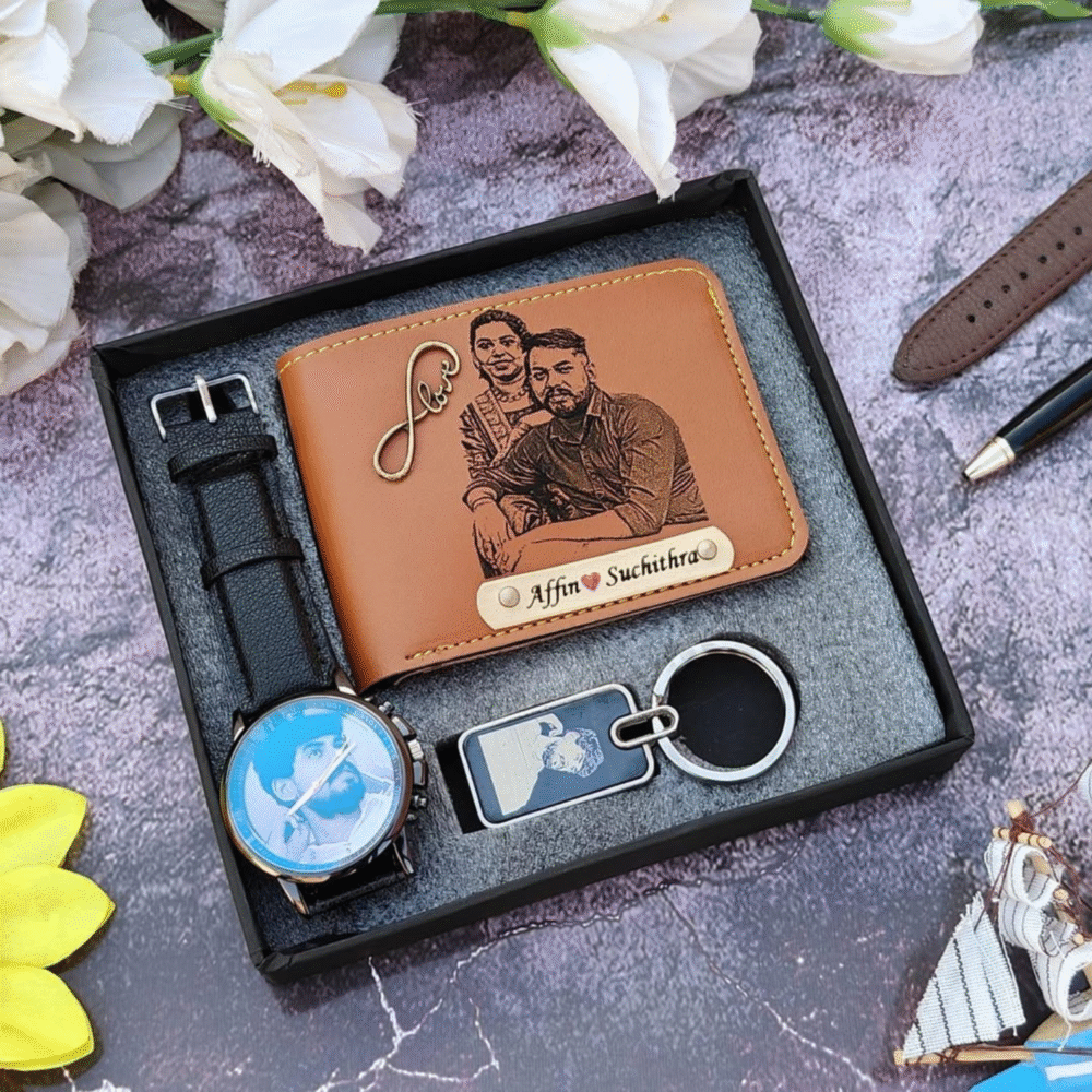 Essential Mini Combo for Men – Custom Sketch Wallet, Keychain & Watch