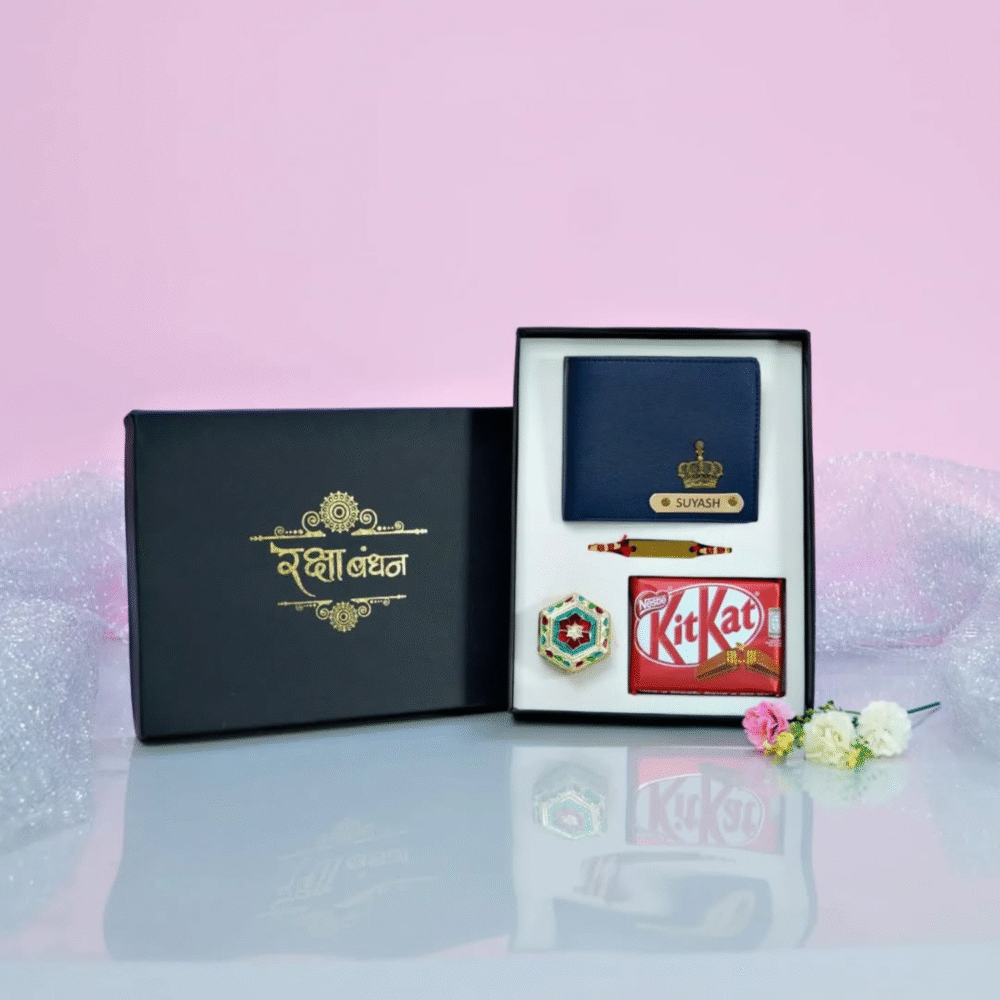 Personalized Wallet & Metal Rakhi Gift Combo - Image 2