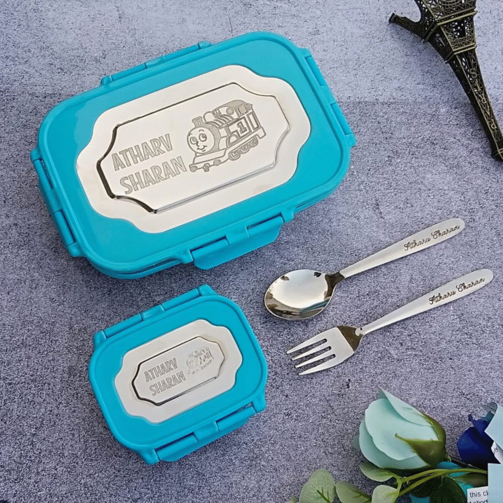 Steel Air Tight Lunch Box with Custom Name & Cartoon